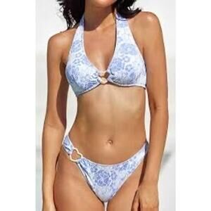 Cupshe women’s size large blue bikini NWT blueish purple flowers w/ heart detail